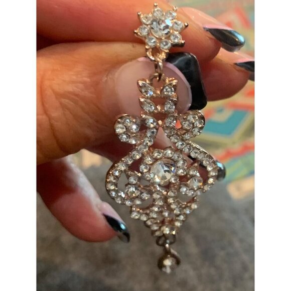 Gold-Tone Crystal Filigree Dangle Earrings With Teardrop Accents - Picture 3 of 4